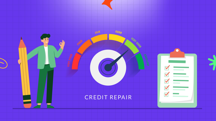 Image illustrating a step-by-step guide to repairing your credit and regaining your credit health with a man holding a pen and calculating his credit score