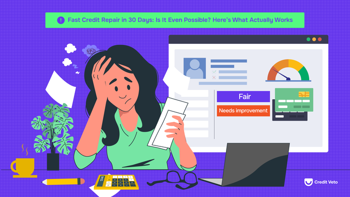 Woman holding her credit report worried by how poor her credit score is. She is interested in how she can repair it fast in 30 days but wondering if it's actually possible 
