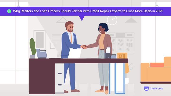 A realtor and loan officer shaking hands with a smiling client symbolizing a successful partnership that turned credit issues into a closed deal.
