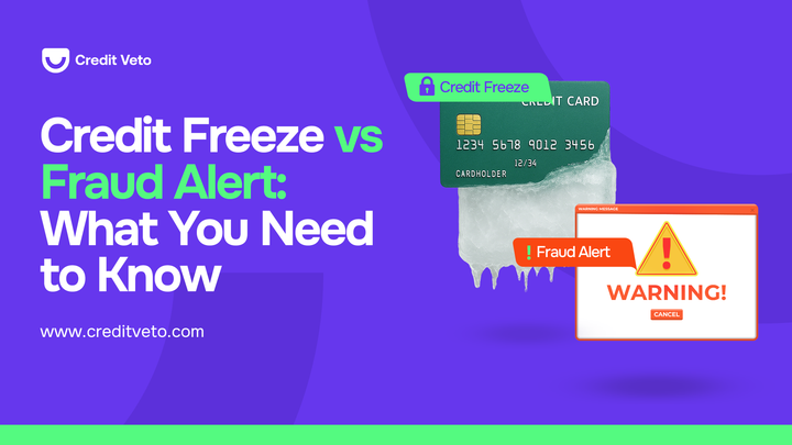 Image illustrating a frozen credit card and a fraud alert sign 
