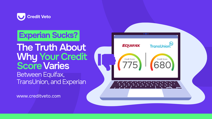 An opened laptop with two credit scores. The higher one (775) from Equifax and the lower score (680) from Transunion.