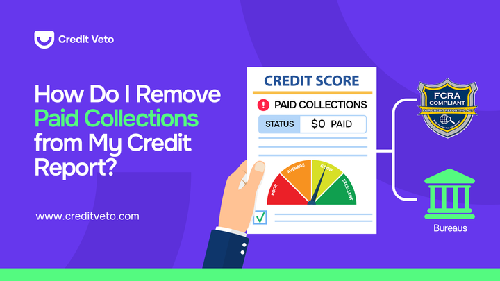 A digital illustration of a person's hand holding up a credit report with a paid collections 